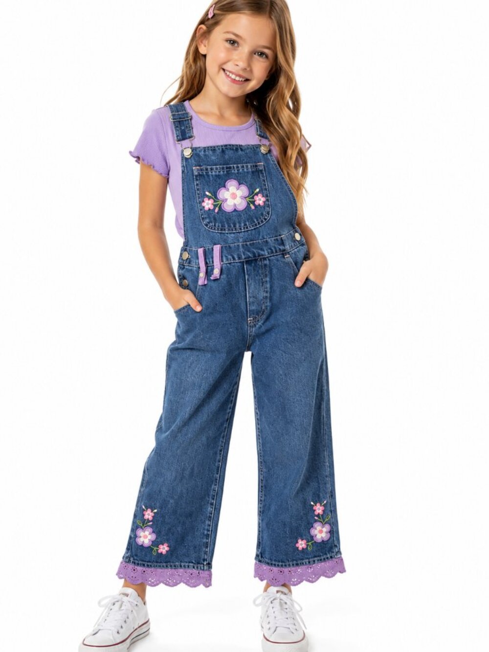 Young Hearts Girls Size 6 Floral Embroidered Denim Overalls Purple Lace Y2K